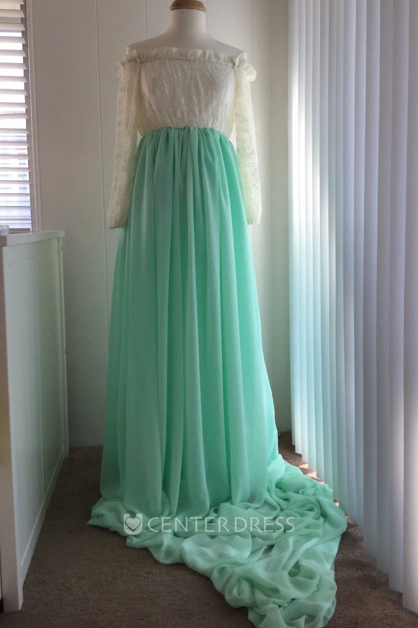 A-line Chiffon Lace Off-the-shoulder Long Sleeve Pleated Ruched Maternity Dress