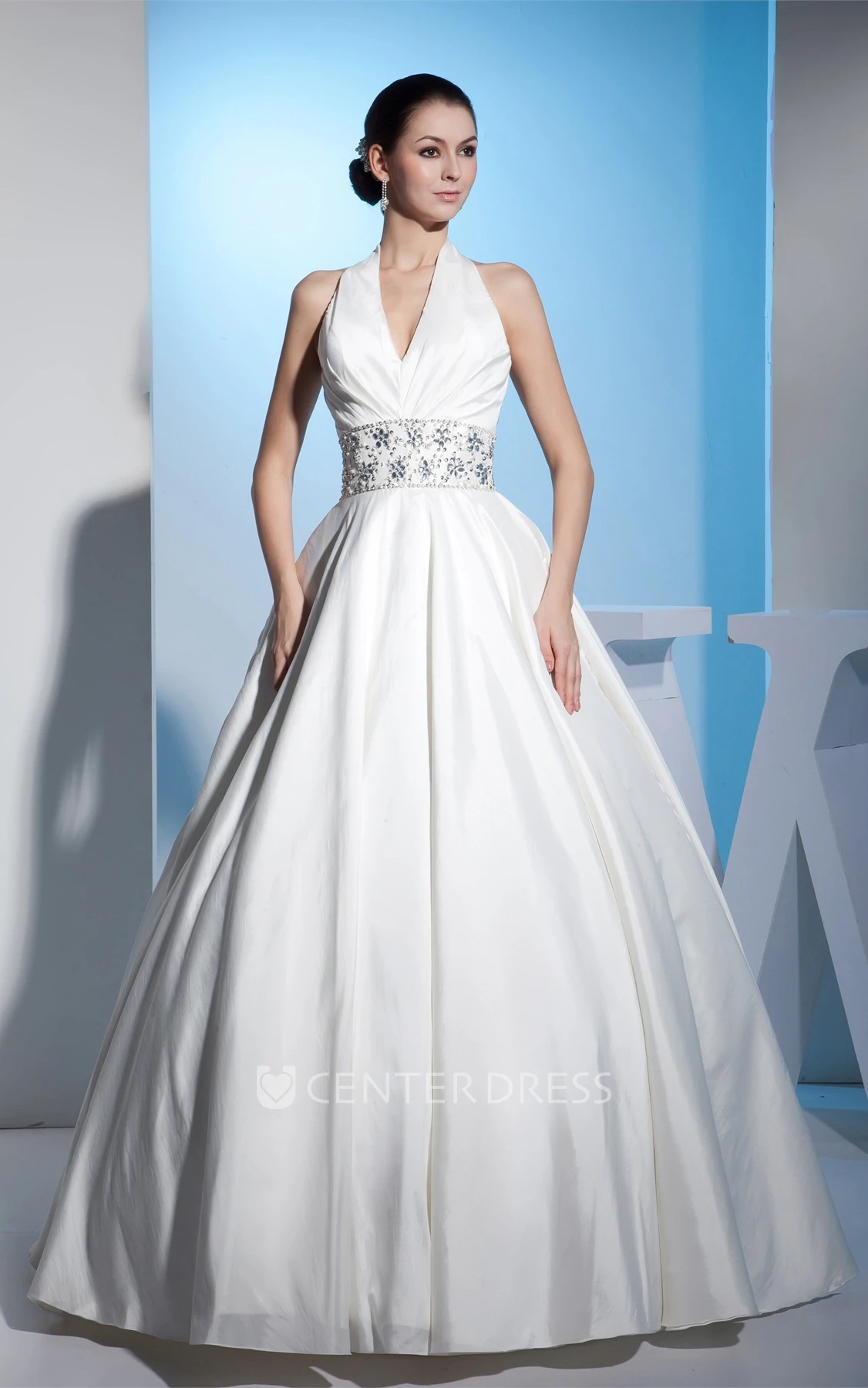 Halter Sleeveless Ball Gown Satin Wedding Dress with Beaded Waist