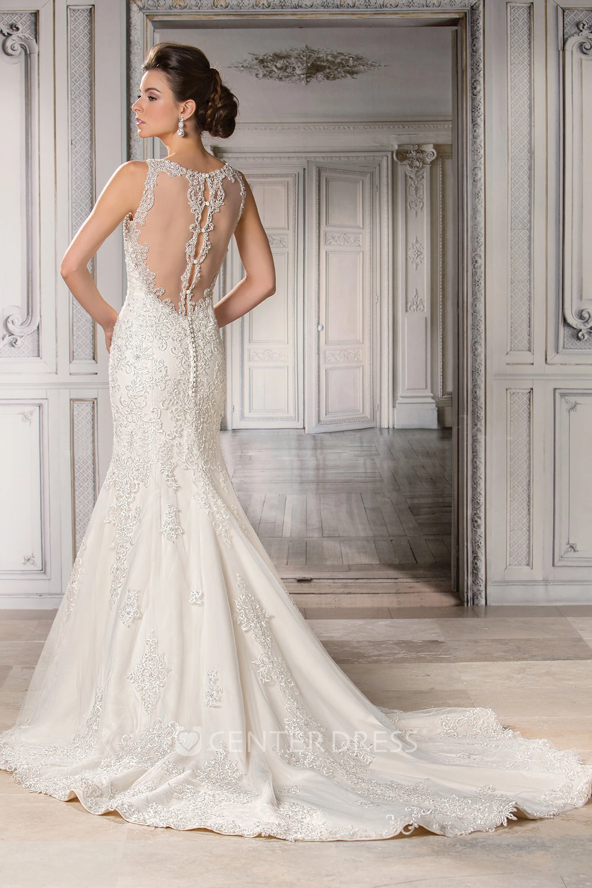 Sleeveless V-Neck Mermaid Wedding Dress With Appliques And Illusion Back