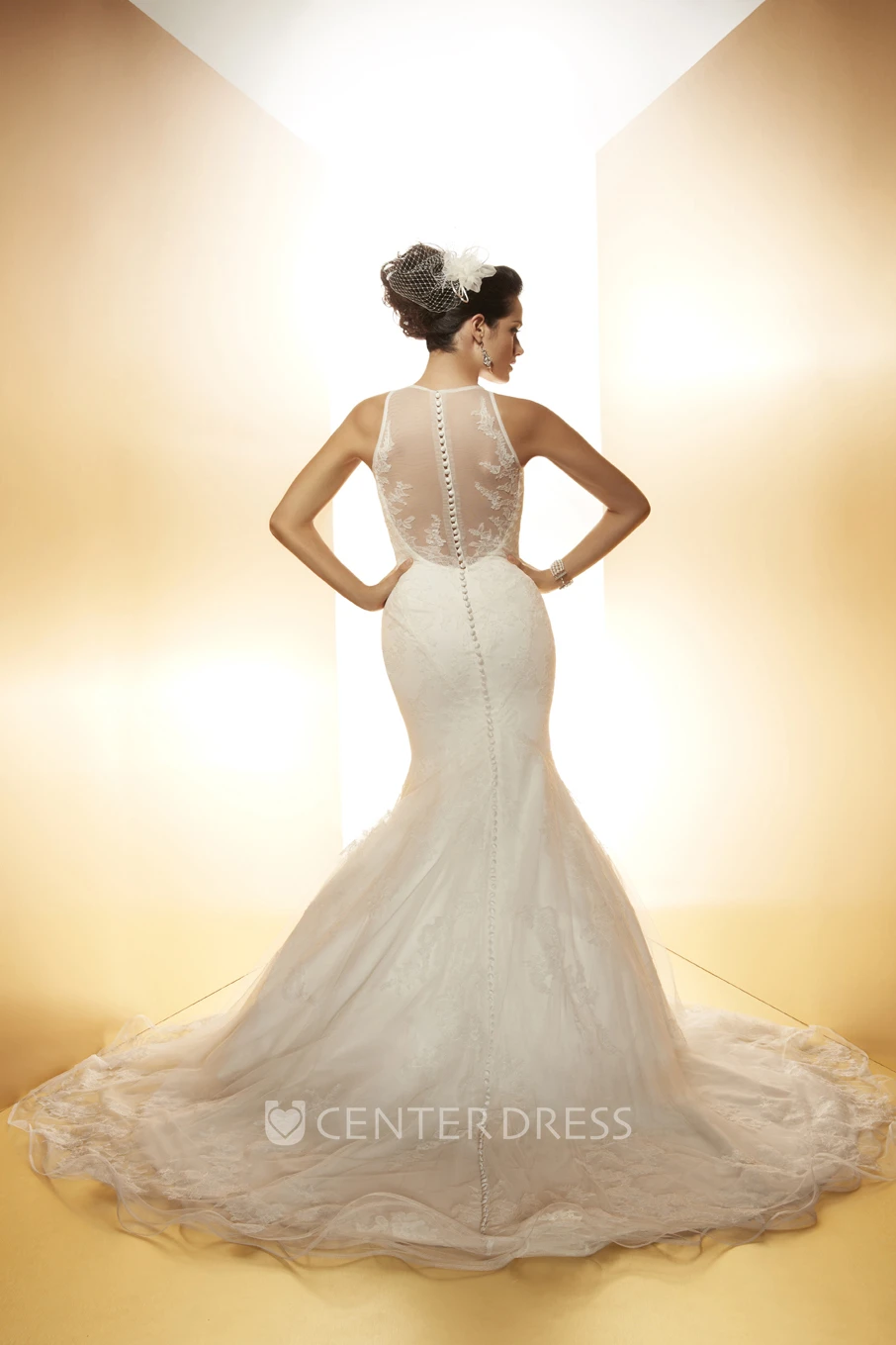 Trumpet Sleeveless Long High Neck Appliqued Lace Wedding Dress With Court Train And Illusion Back