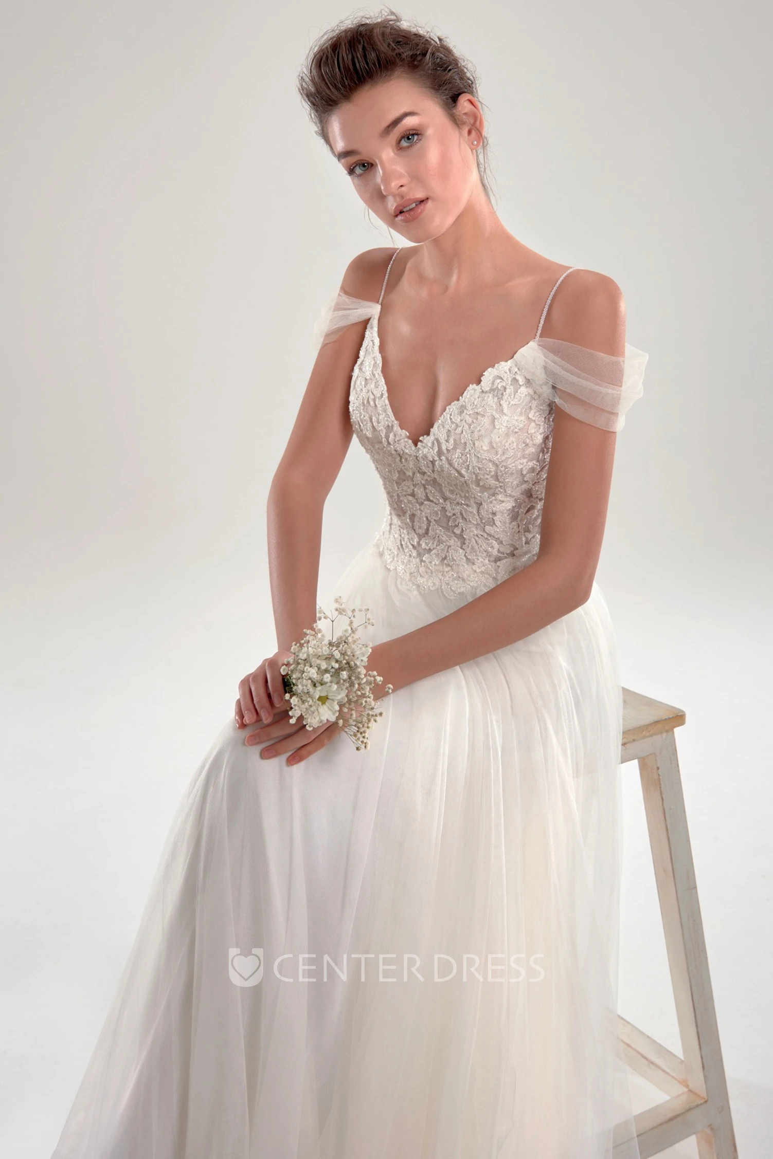 Ethereal Off The Shoulder Lace And Tulle Bridal Gown 