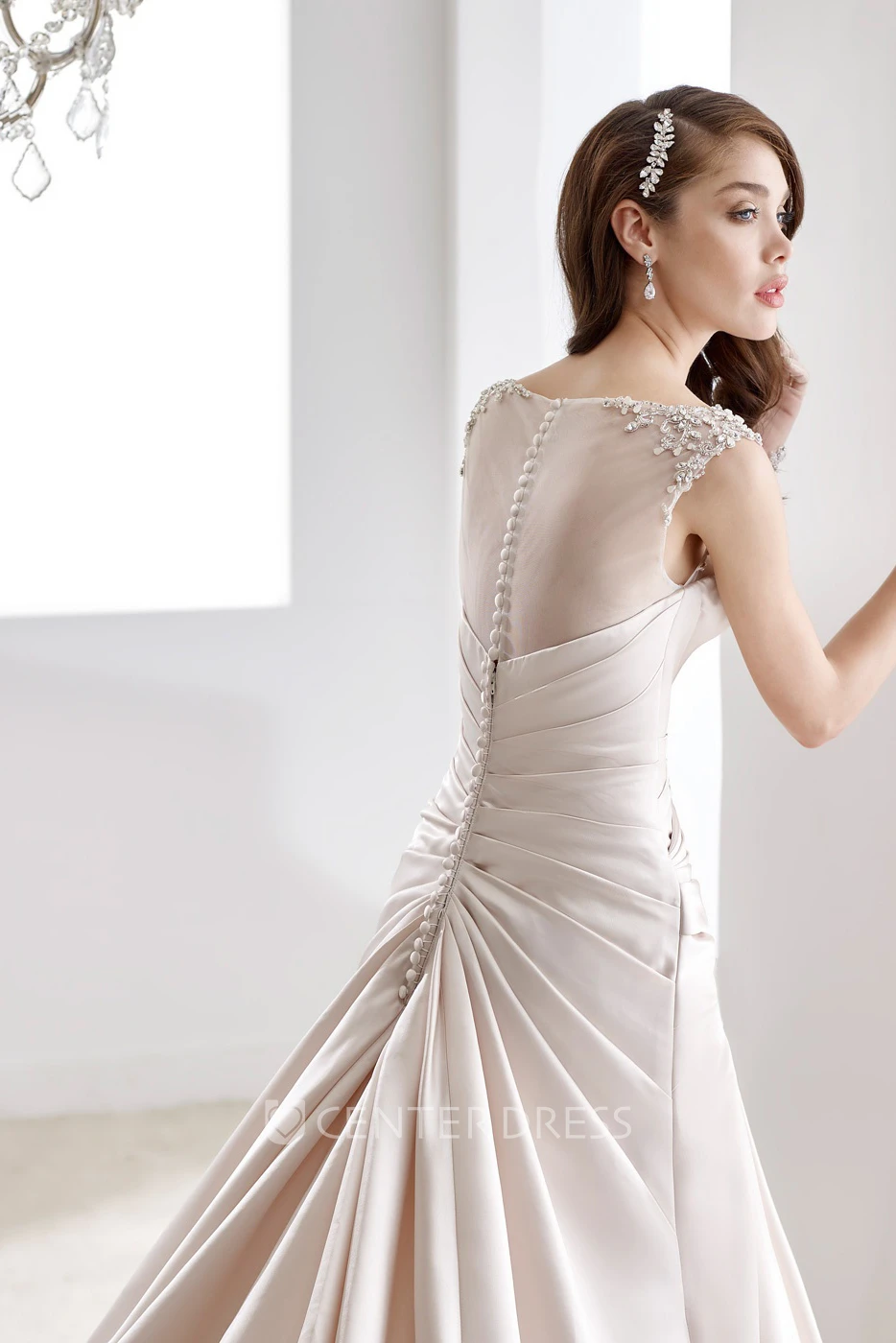 Cap Sleeve Beaded Satin Gown With Pleated Design And Illusive Neckline And Back