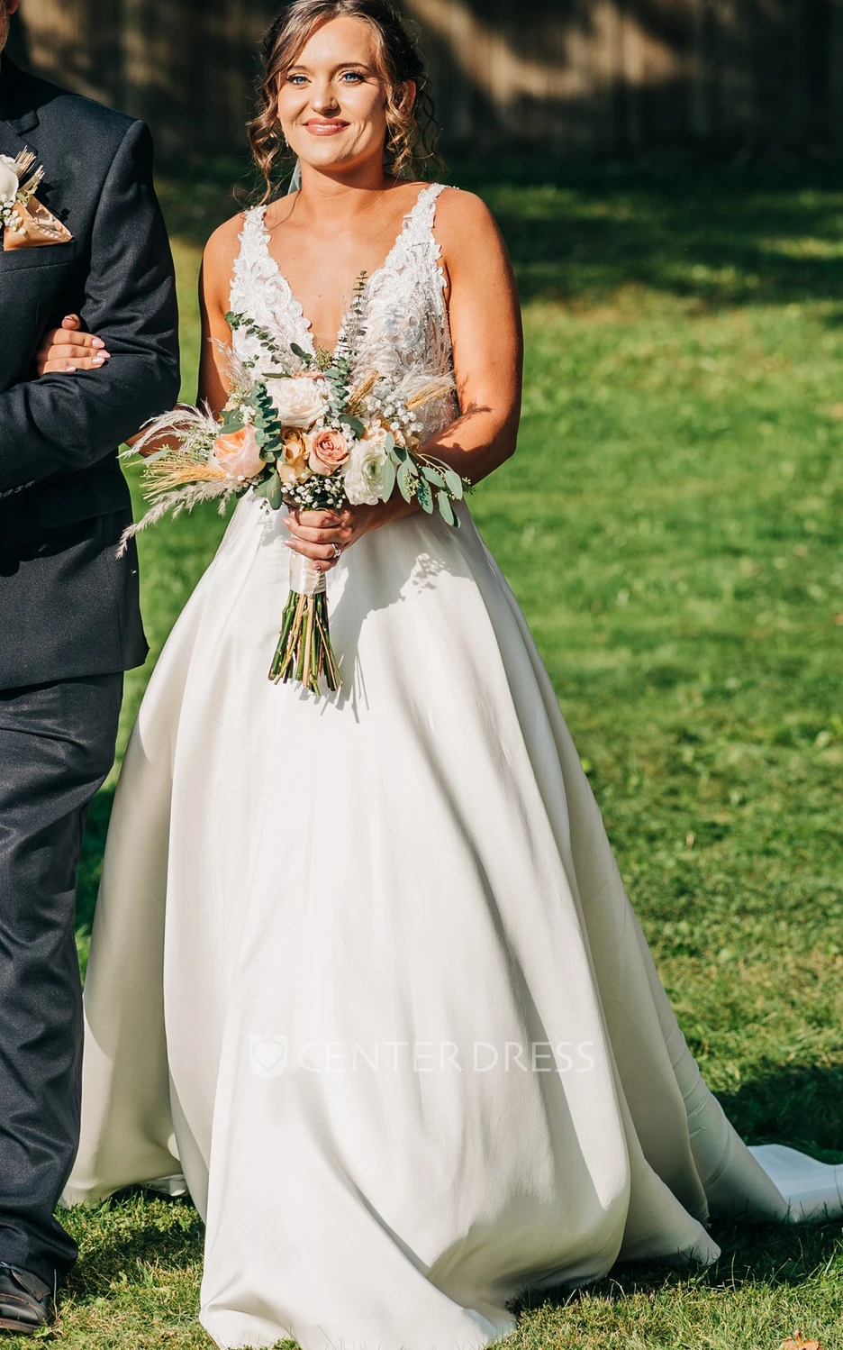 Elegant Lace V-neck A-Line Spring Wedding Dress With Low-V Back And Appliques