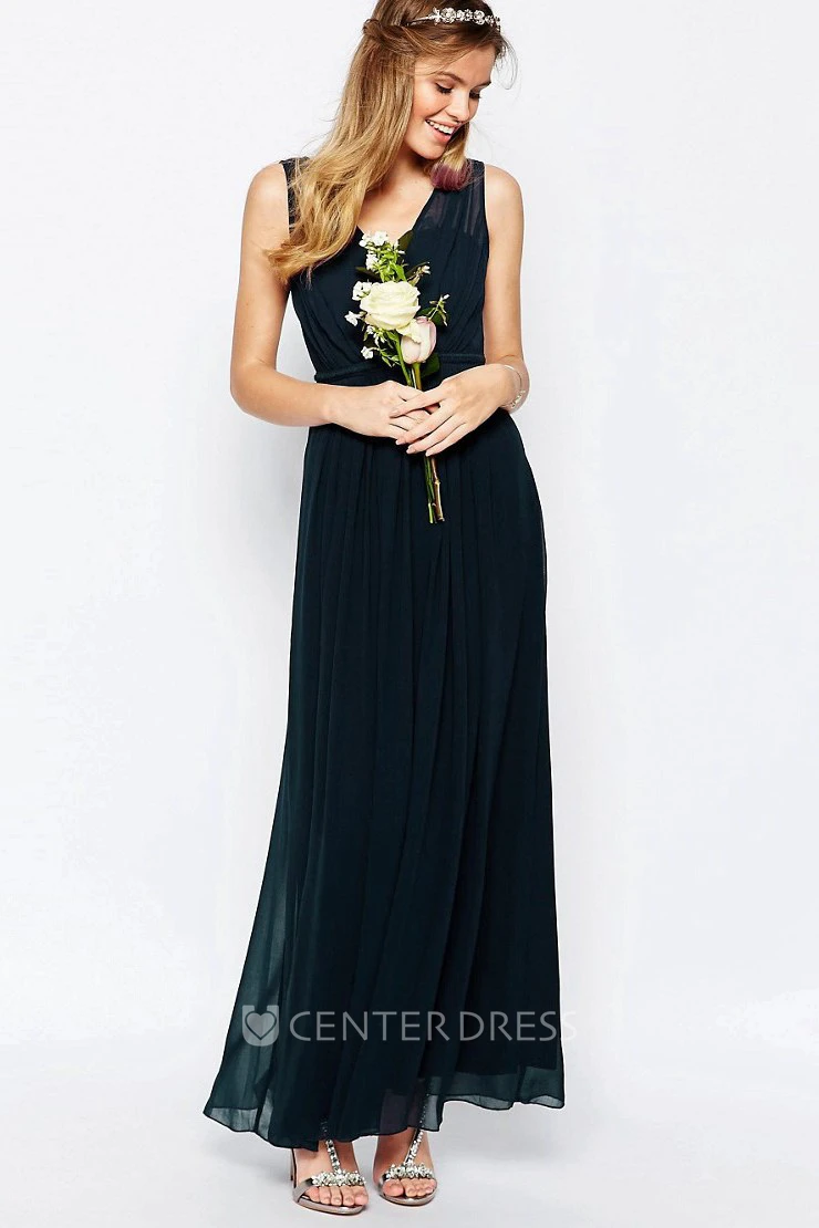 A-Line V-Neck Ankle-Length Pleated Sleeveless Chiffon Bridesmaid Dress
