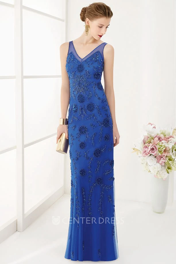 V Neck V Back Sleeveless Sheath Long Dress With Crystal And Flowers