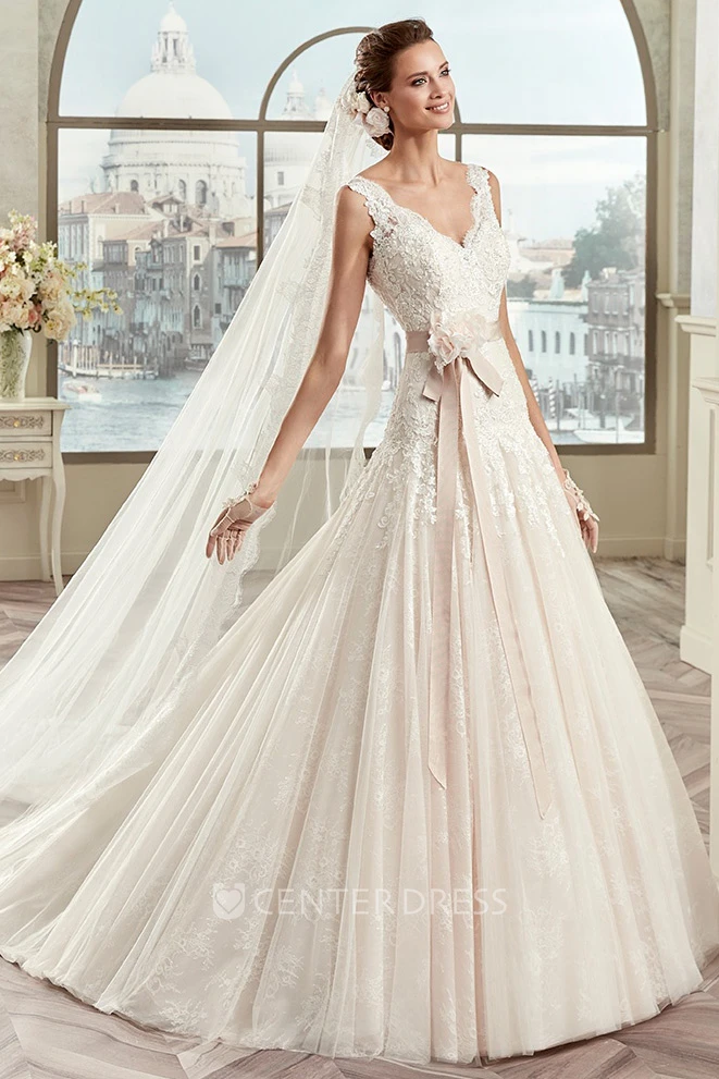 V-Neck Lace Bridal Gown With Floral Sash And Open Back