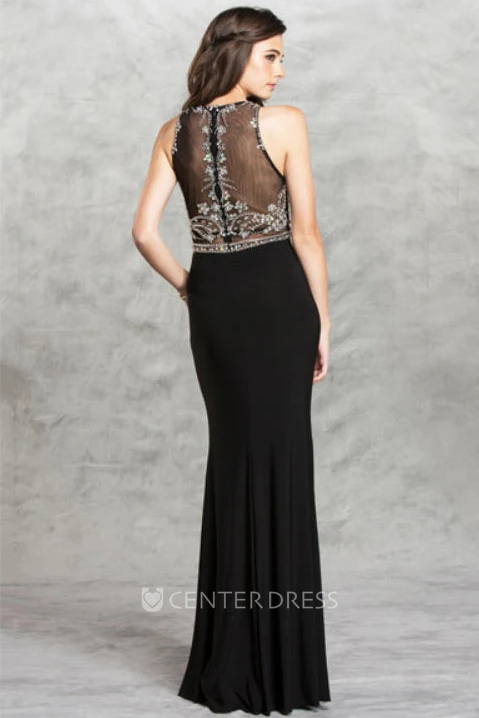 Sheath High Neck Sleeveless Jersey Illusion Dress With Beading And Split Front