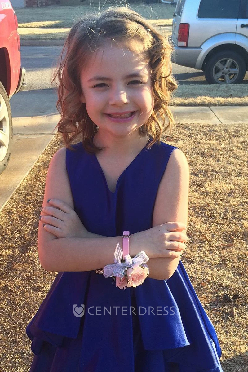 Split Knee-Length Split-Front Beaded Satin Flower Girl Dress With Sash