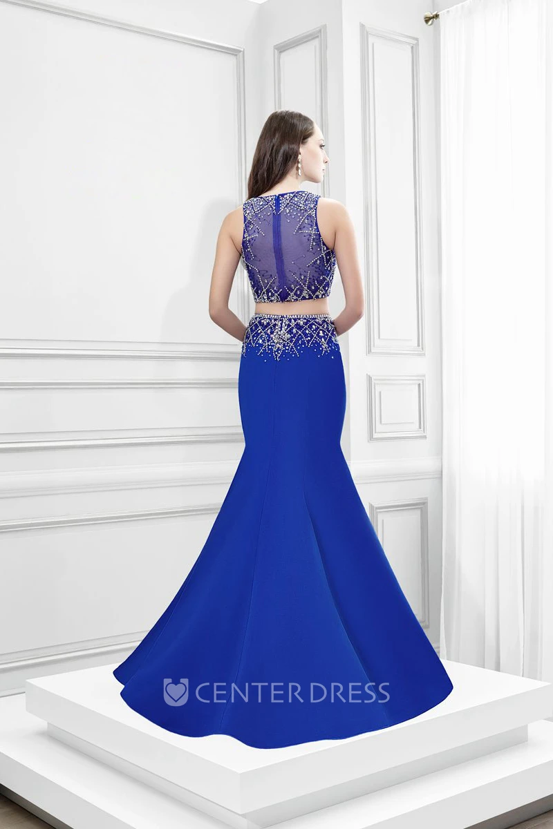 Mermaid Maxi Sleeveless Scoop Neck Beaded Satin Prom Dress