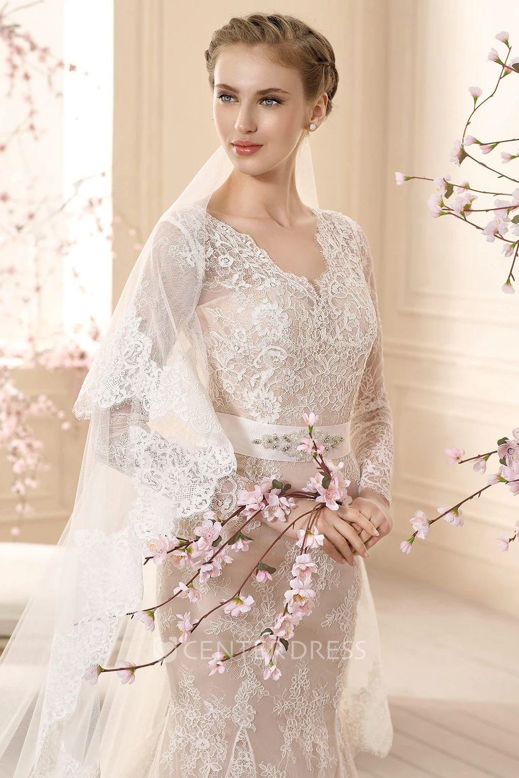 Sheath V-Neck Floor-Length Long-Sleeve Appliqued Lace Wedding Dress With Waist Jewellery And Bow