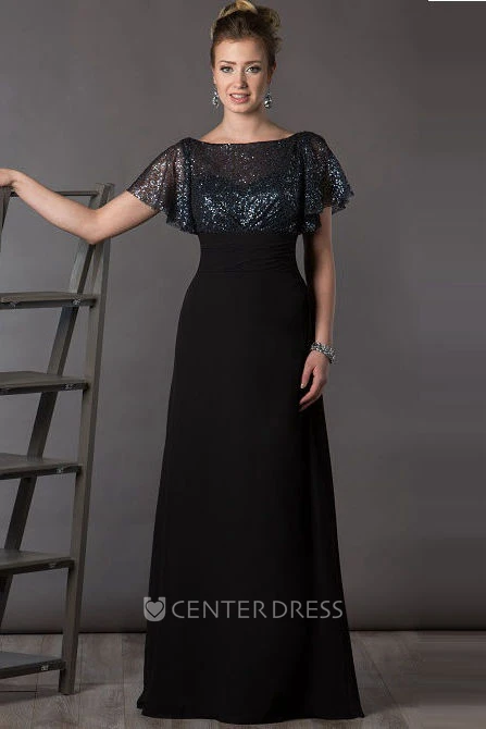 Bateau V Back Sequin Top Chiffon Long Mother Of The Bride Dress With Short Batwing Sleeve