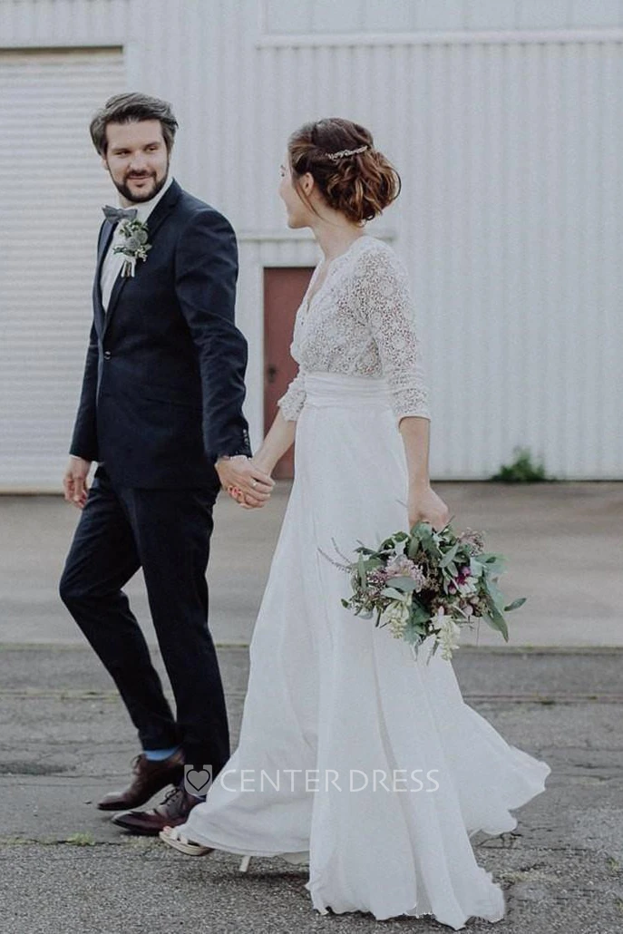 Ethereal Chiffon and Lace Scalloped Plunging Bridal Gown