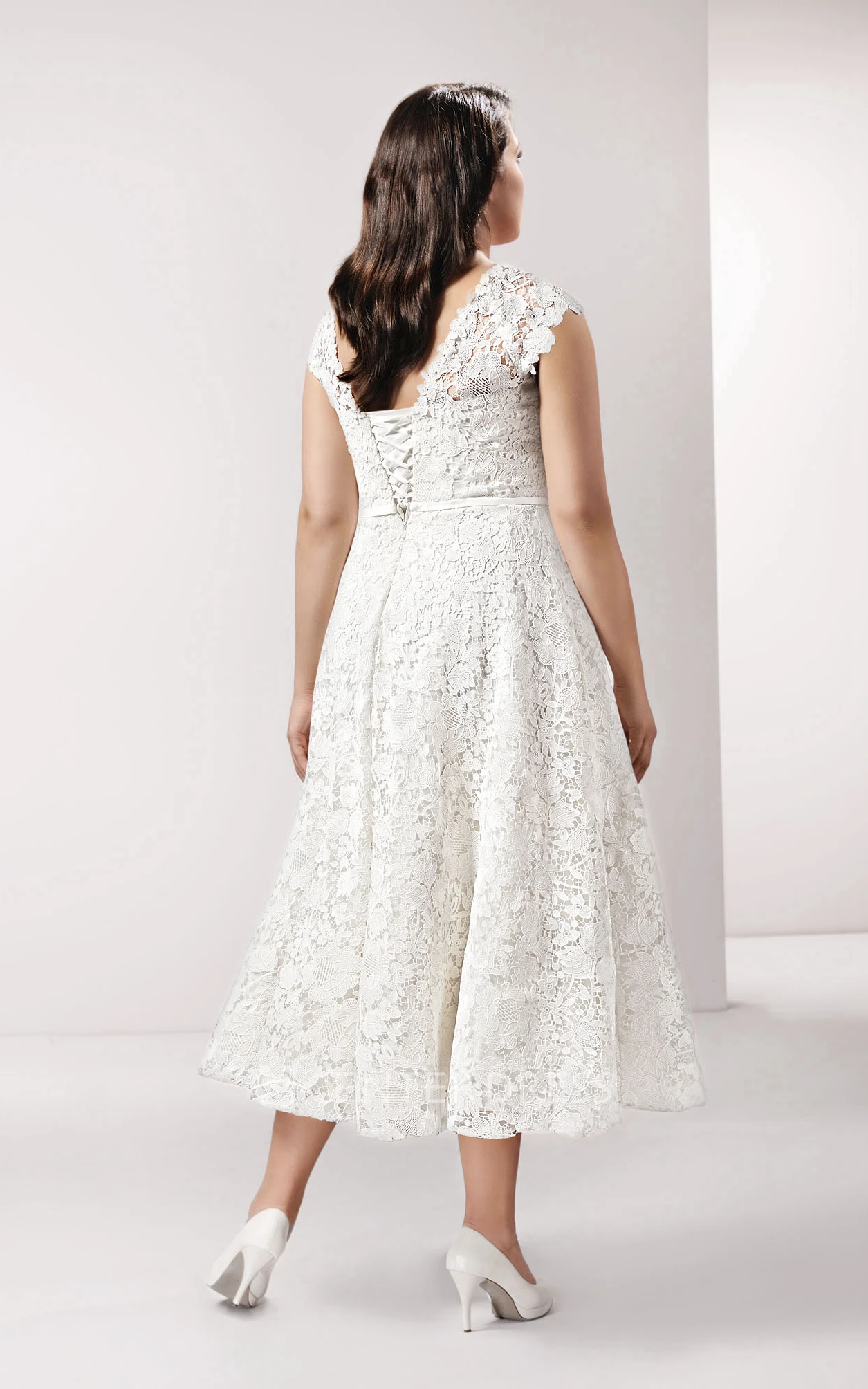 Lace Caped-Sleeve Tea-Length Dress With Corset Back