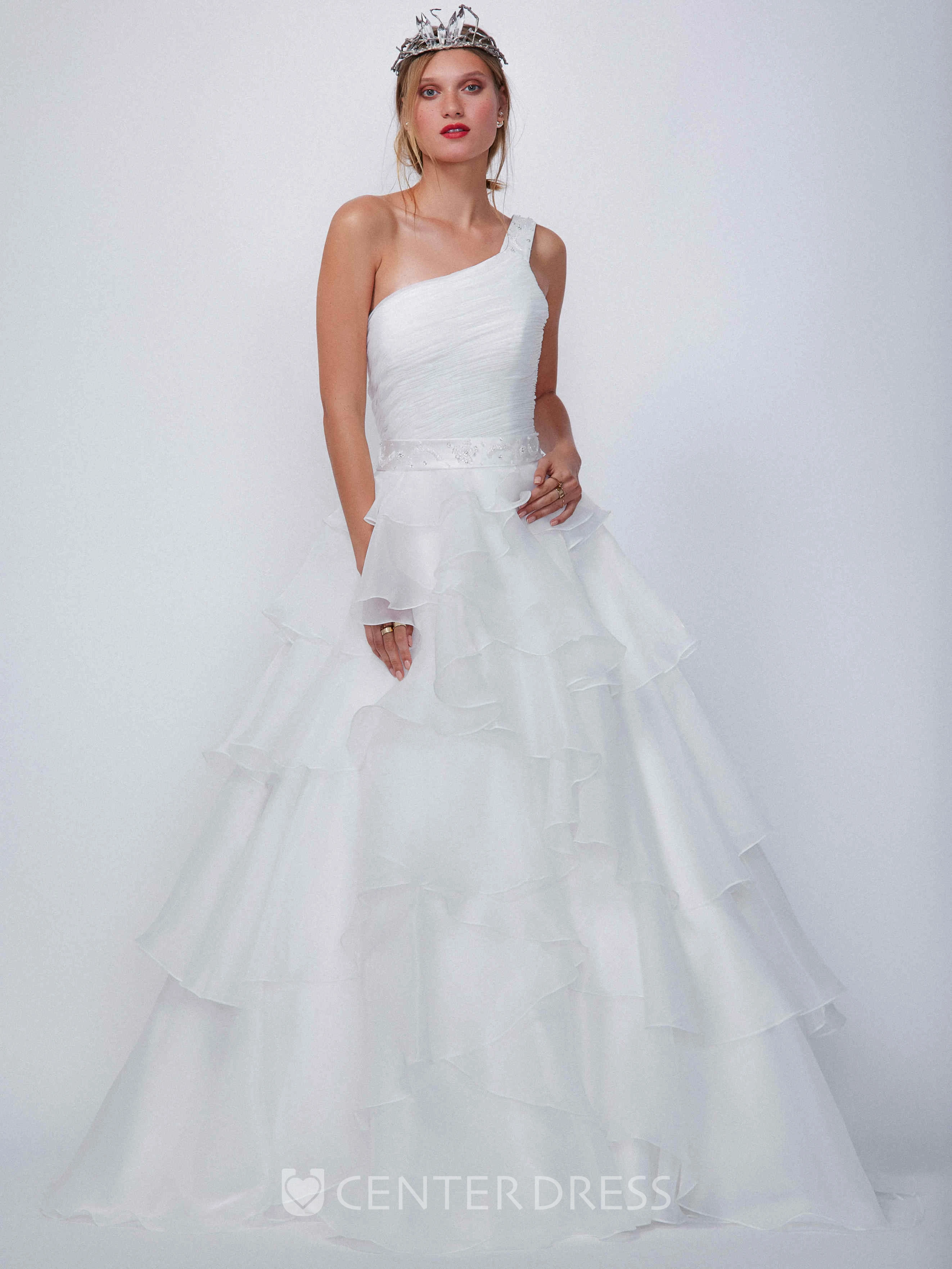 One-Shoulder Maxi Ruched Cascading-Ruffled Organza Wedding Dress