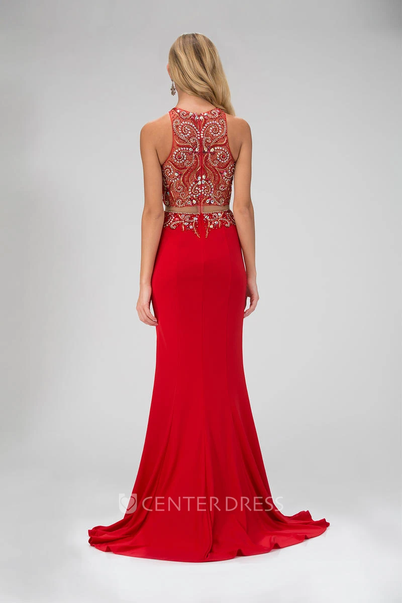 Two-Piece Sheath Long Scoop-Neck Sleeveless Jersey Zipper Dress With Beading