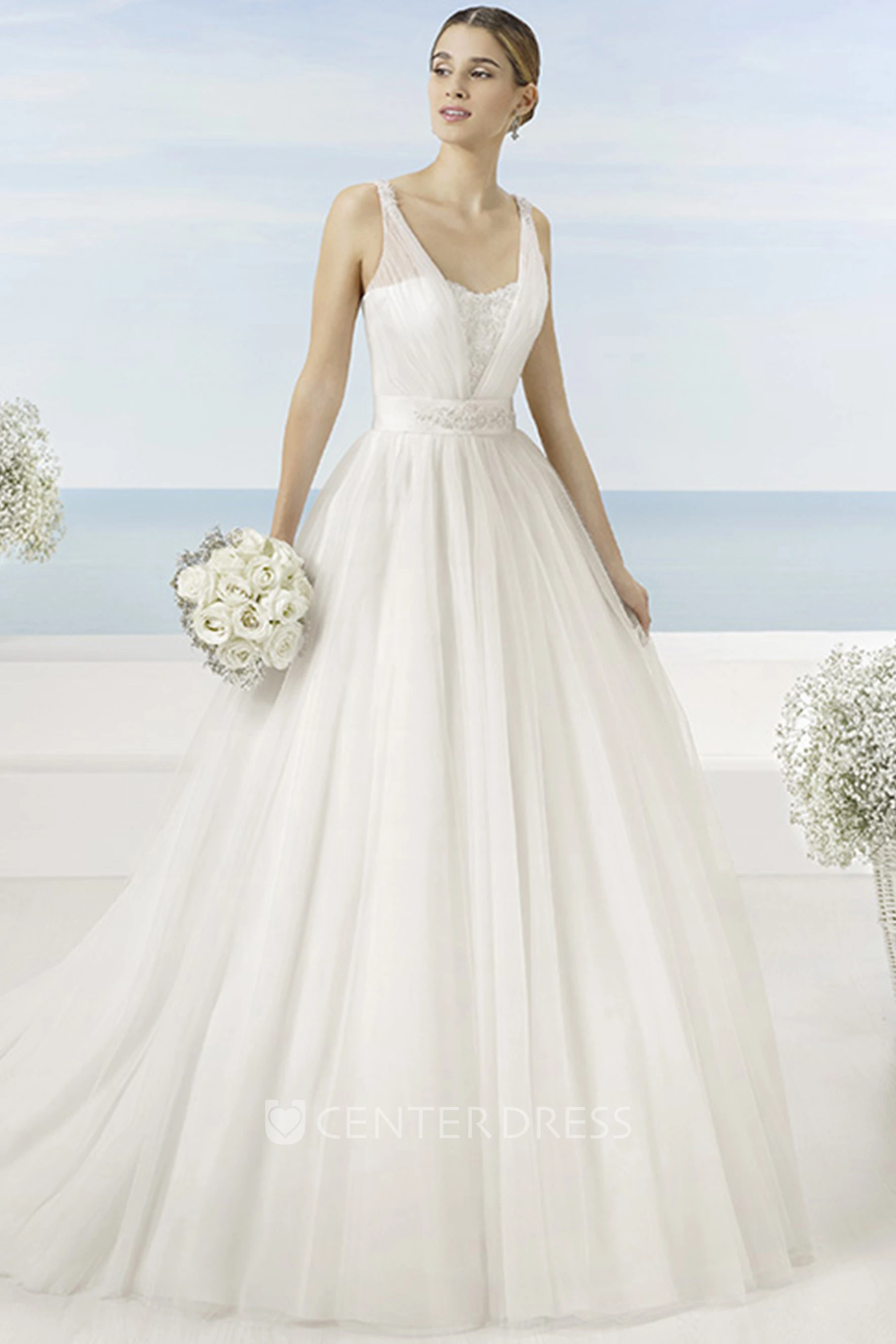 A-Line Beaded Sleeveless Long V-Neck Tulle Wedding Dress With Bow And Low-V Back