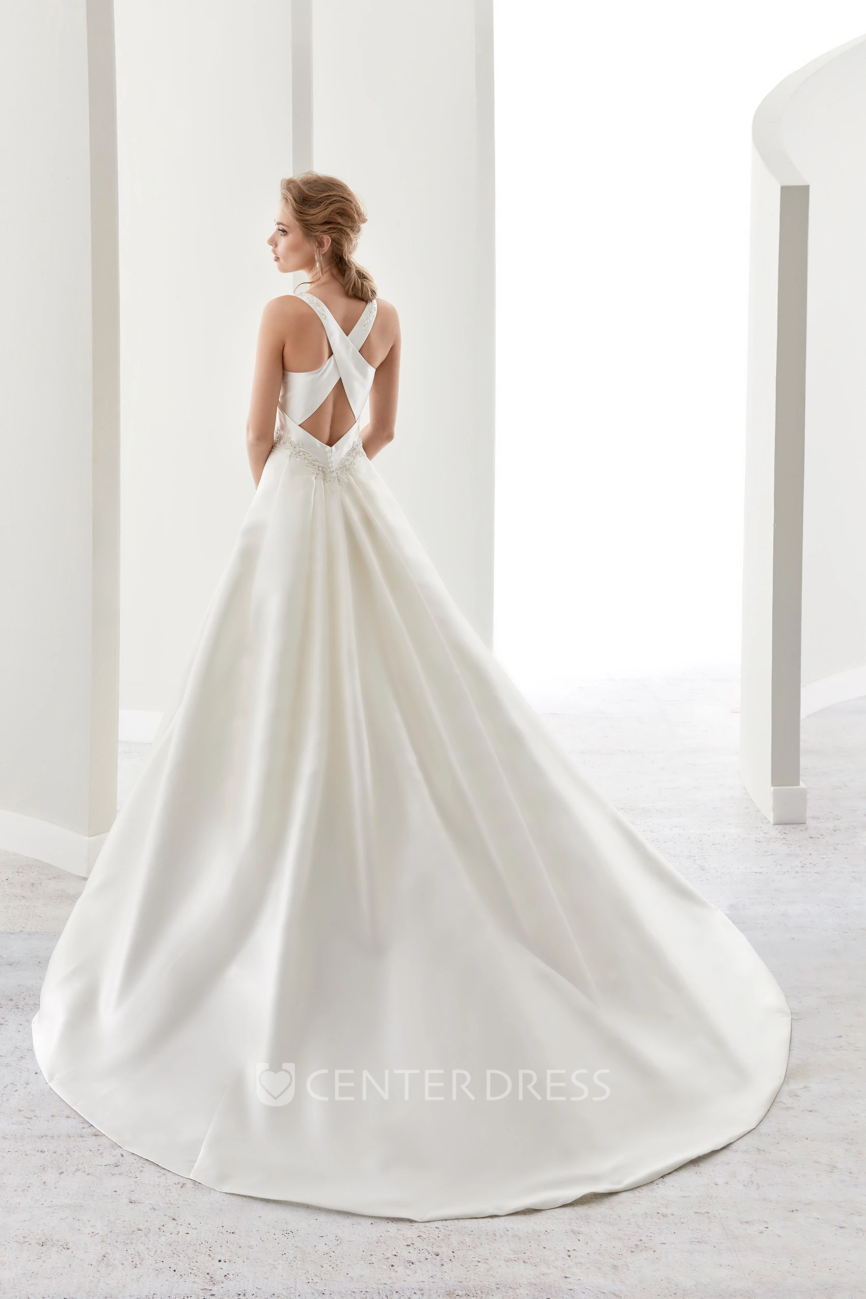 Square-Neck Satin A-Line Bridal Gown With Beaded Belt And Crisscross Straps Back