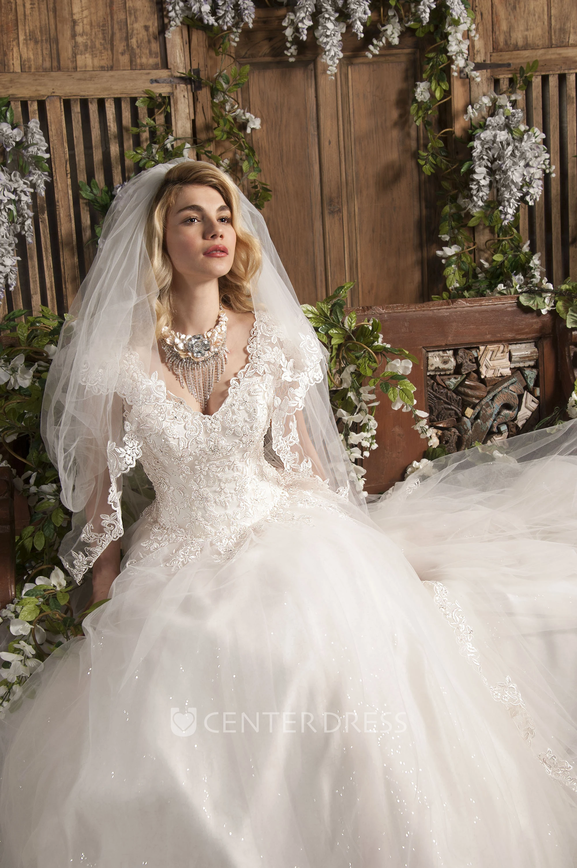 A-Line Beaded V-Neck Floor-Length Sleeveless Tulle Wedding Dress With Waist Jewellery