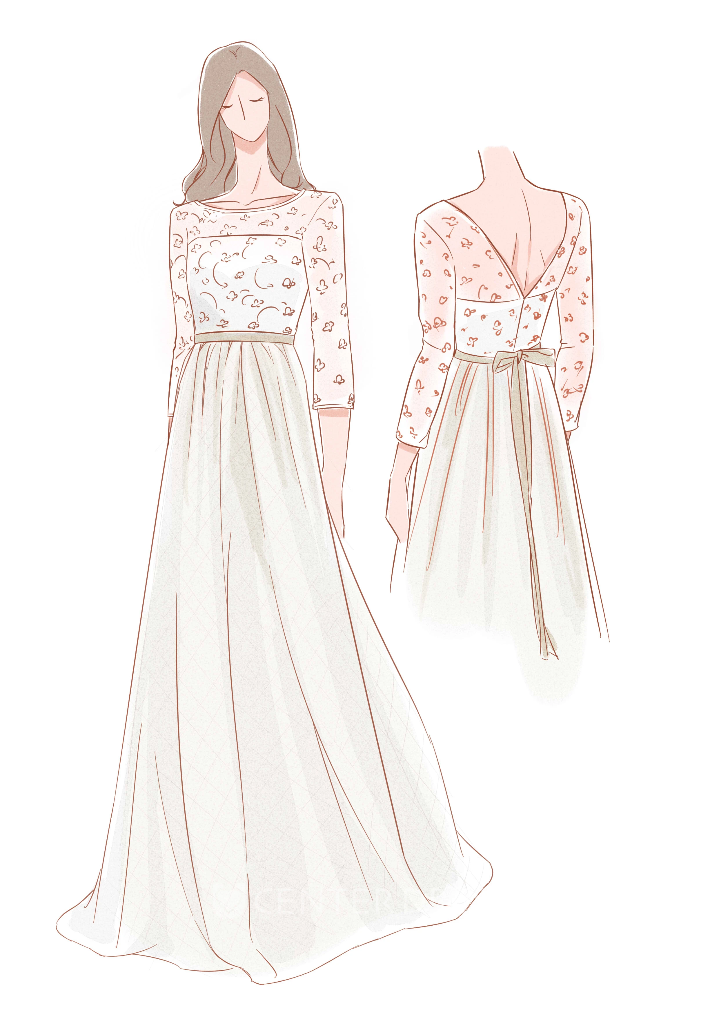 Scoop Neck Long Sleeve Tulle Warm Wedding Dress With Lace Bodice