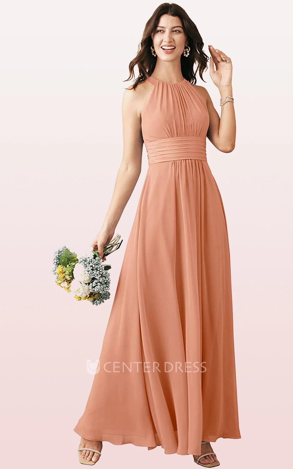 Elegant Chiffon Ankle-length Halter A Line Sleeveless Bridesmaid Dress With Ruching