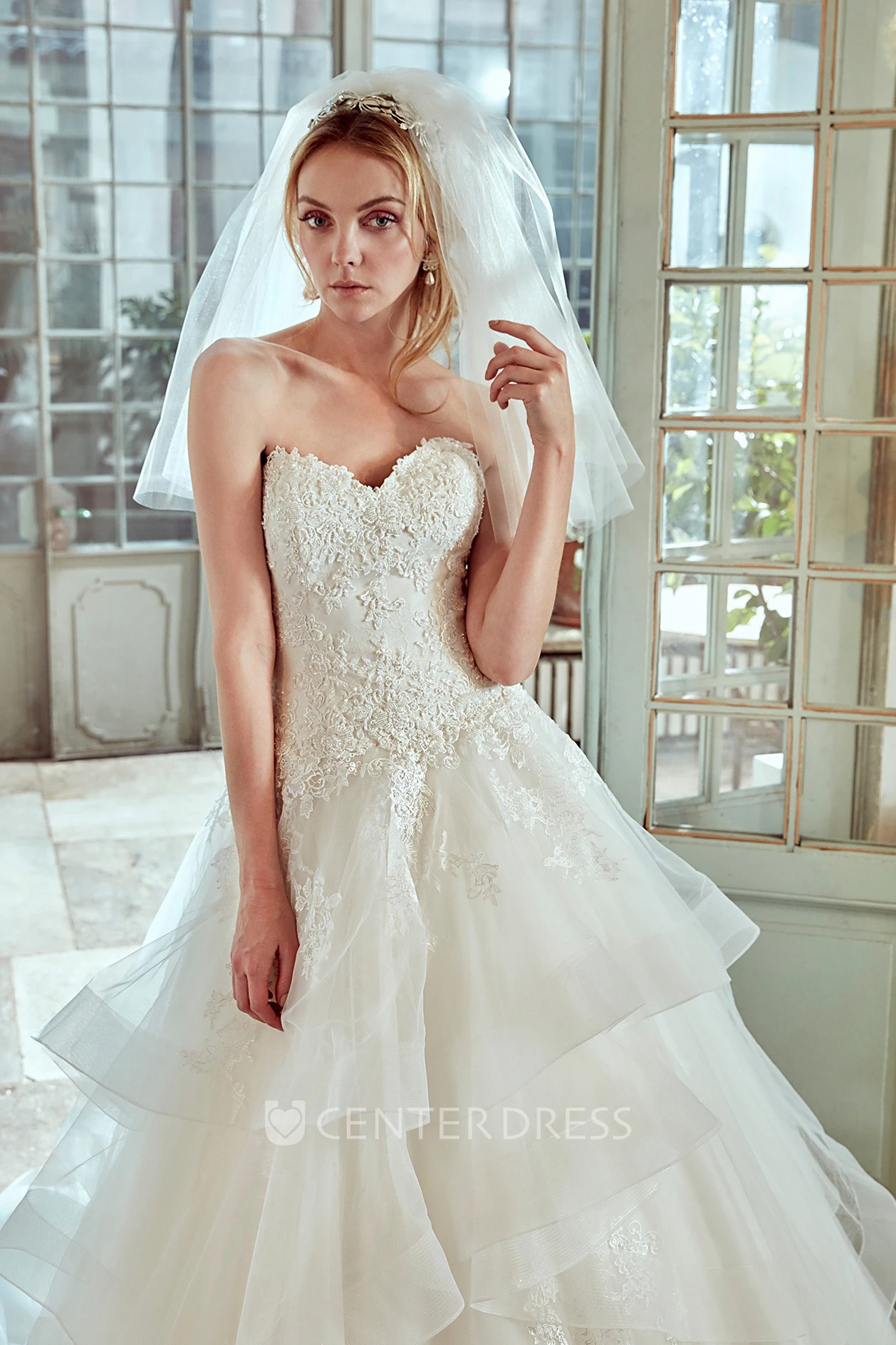 Sweetheart A-line Wedding Dress with Ruching Tiers and Lace Bodice
