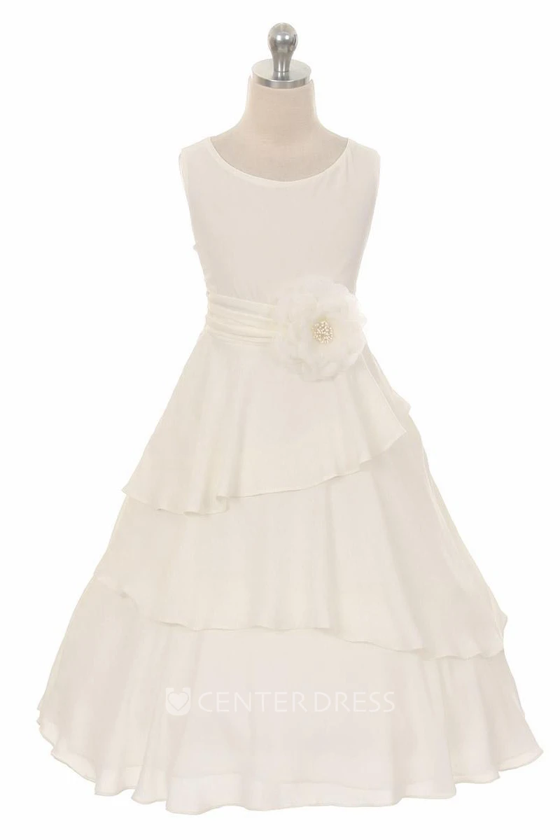 Tea-Length Floral Ruched Floral Chiffon Flower Girl Dress With Sash