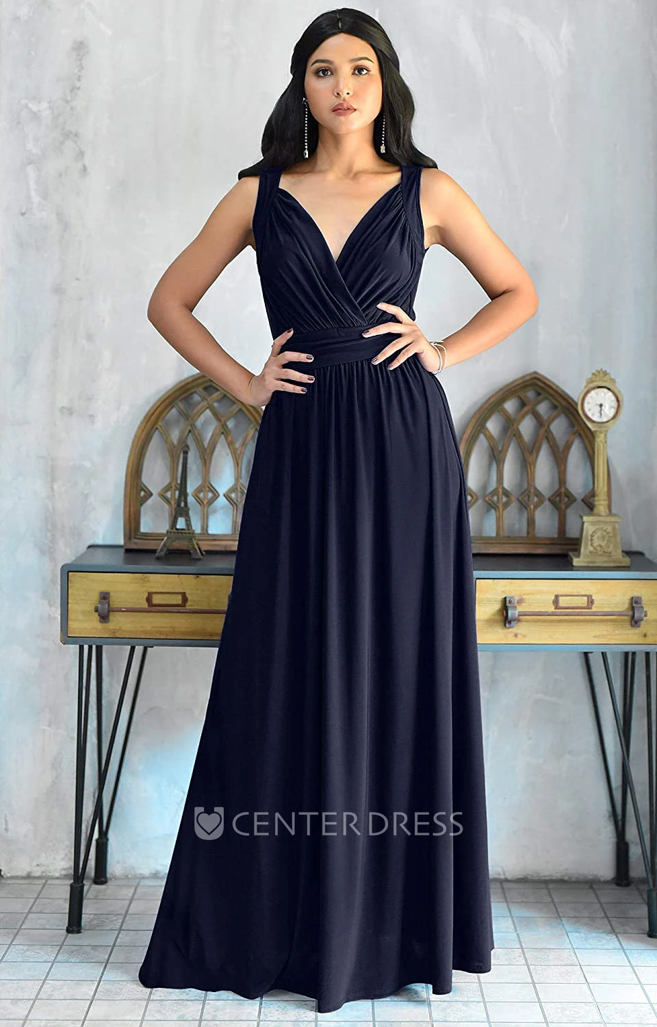 Sexy Chiffon Floor-length V-neck A Line Sleeveless Bridesmaid Dress With Ruching
