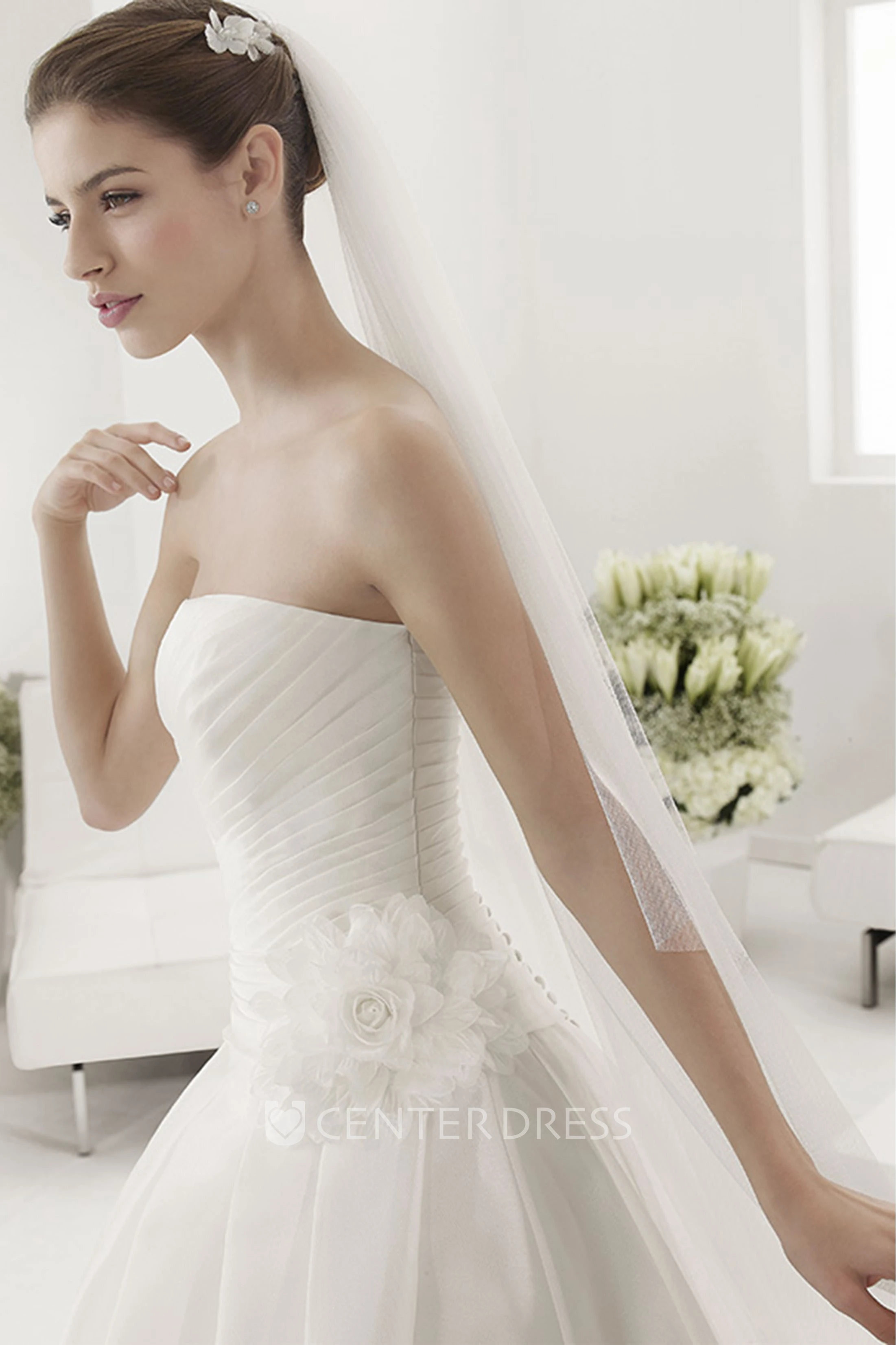 Ruched Top Taffeta Ball Gown With Organza Flower