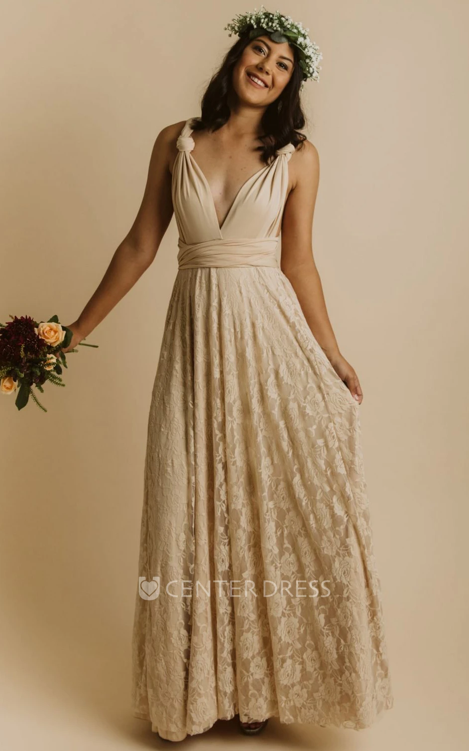 Simple Informal Convertible Straps A-Line Jersey Lace Bridesmaid Dress With Open Back And Sash