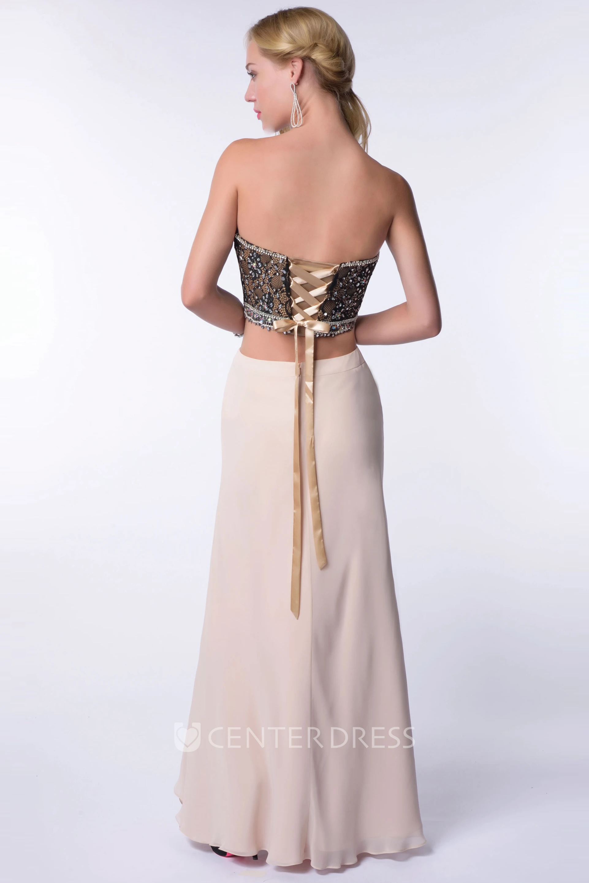 Two-Piece Sweetheart Column Homecoming Dress With Lace Bodice And Side Slit