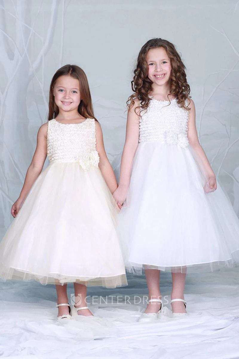 Tea-Length Bowed Tiered Tulle Flower Girl Dress