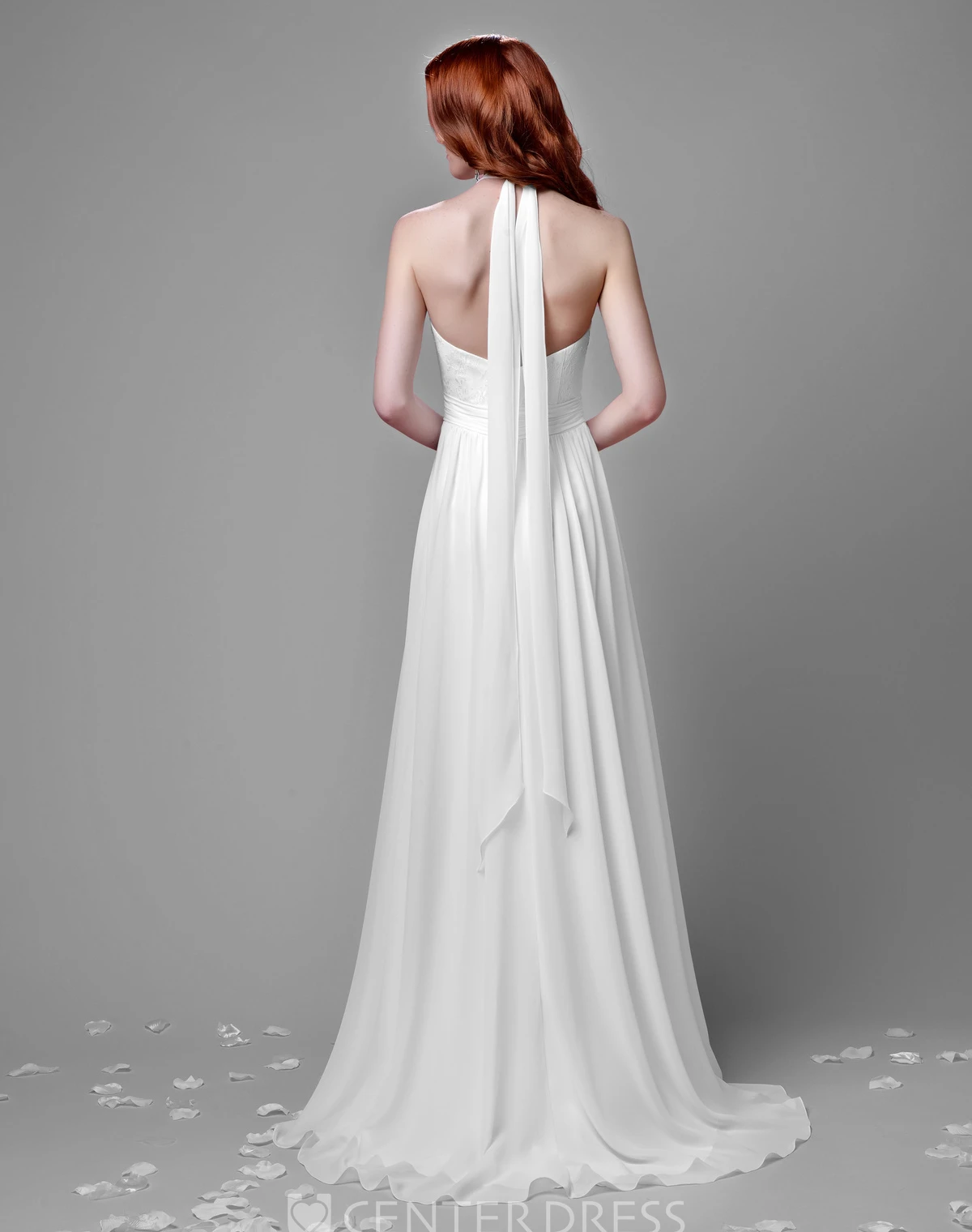 Pleated A-Line Chiffon Wedding Dress With Lace Bust And Cinched Waistband