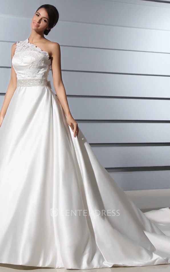 A-Line One-Shoulder Satin Wedding Dress With Lace Bodice And Chapel Train
