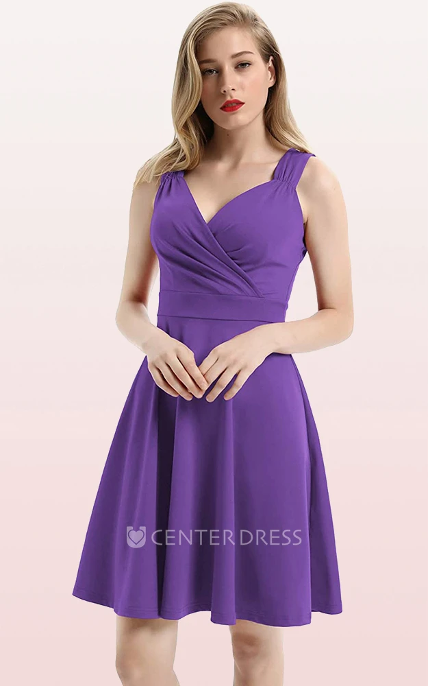 Casual Sleeveless A Line Jersey V-neck Prom Cocktail Dress With Ruffles