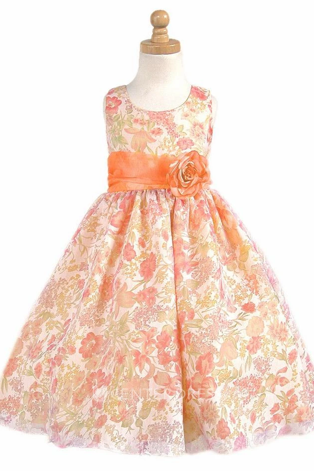 Tea-Length Floral Floral Organza Flower Girl Dress