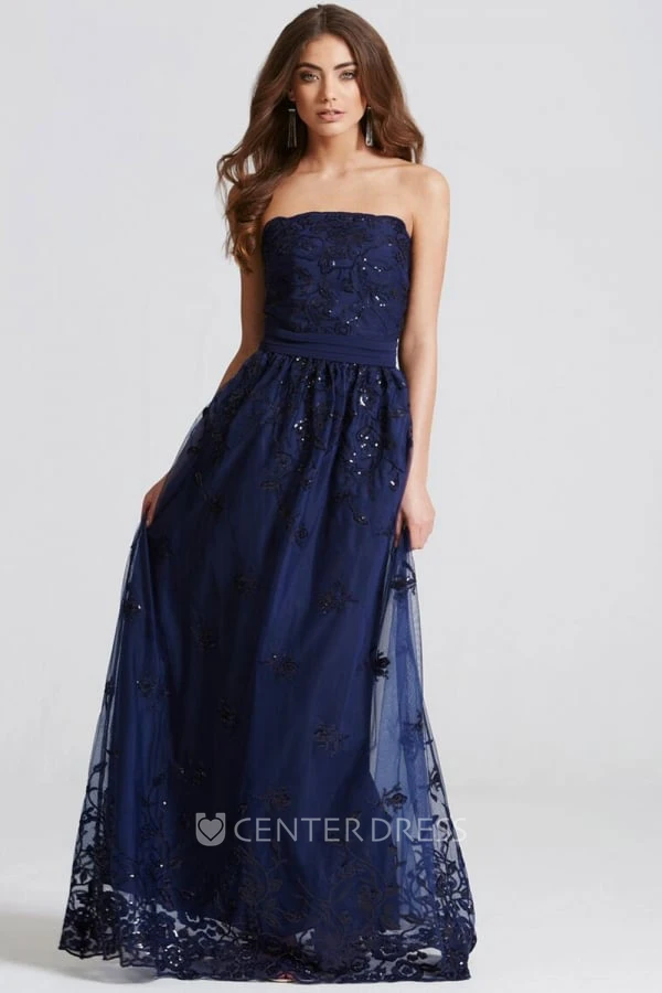 Strapless Appliqued Chiffon Bridesmaid Dress With Beading