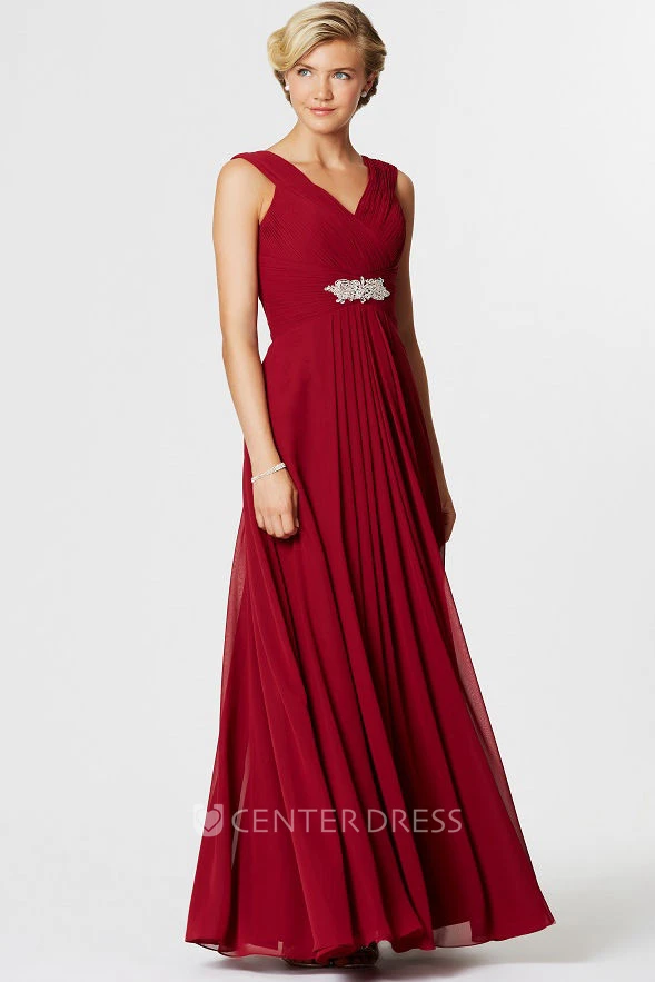 Sleeveless Ruched V-Neck Chiffon Bridesmaid Dress With Waist Jewellery
