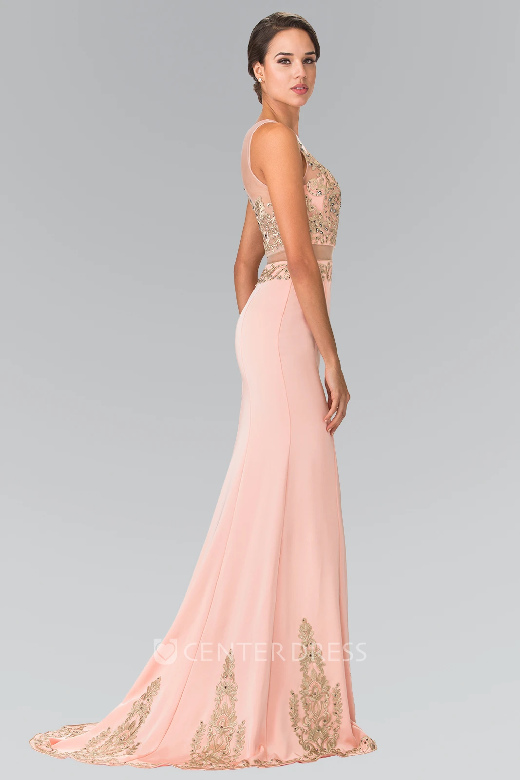Sheath Scoop-Neck Sleeveless Jersey Illusion Dress With Beading