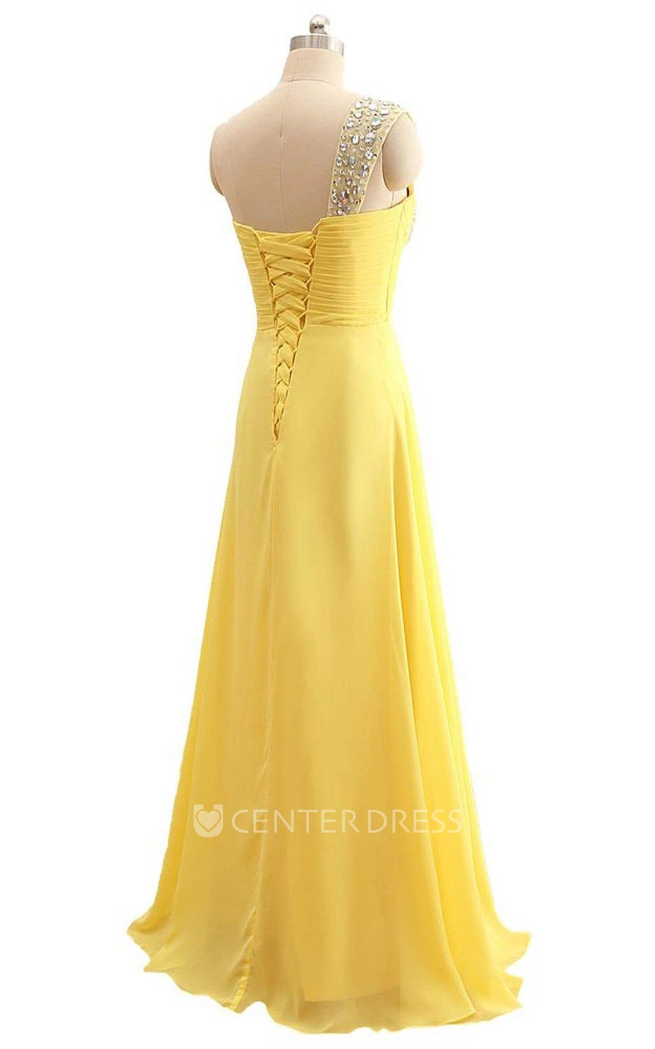 Floor-length One-Shoulder Chiffon Pleats Beading Dress