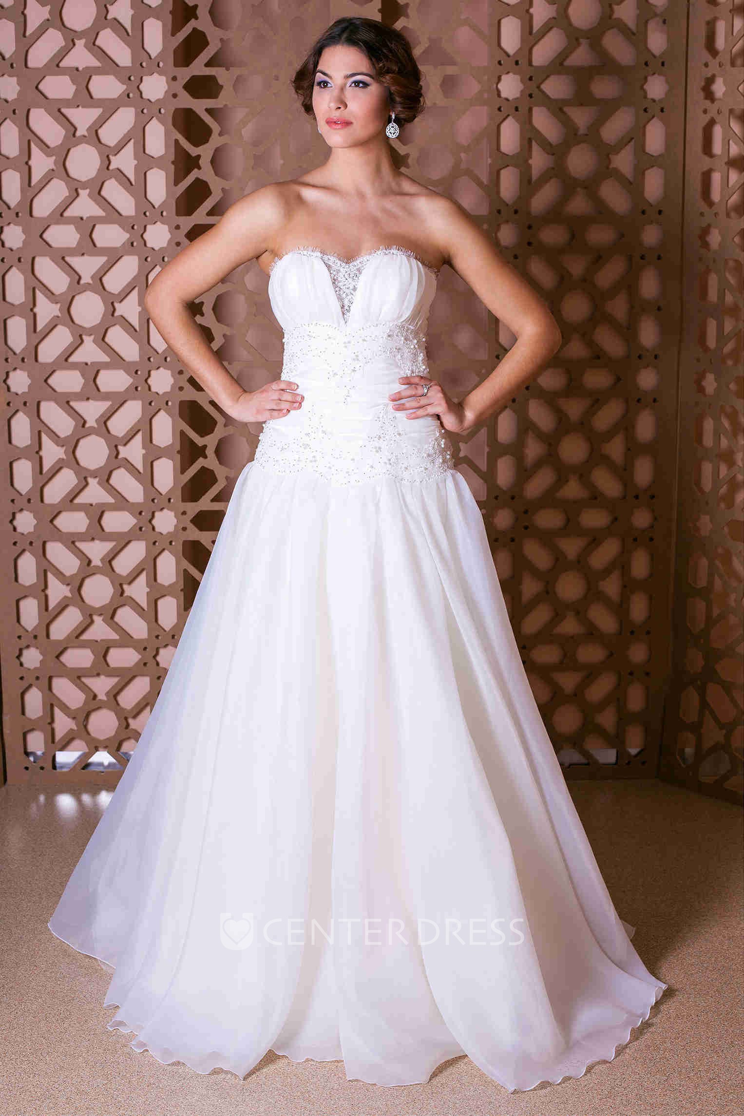 A-Line Maxi Strapless Organza Wedding Dress With Beading And