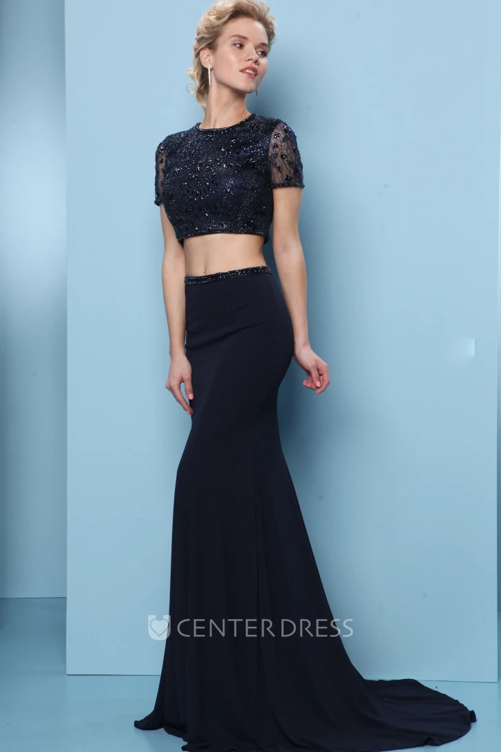 Sheath Short-Sleeve Jewel-Neck Floor-Length Crystal Jersey Prom Dress