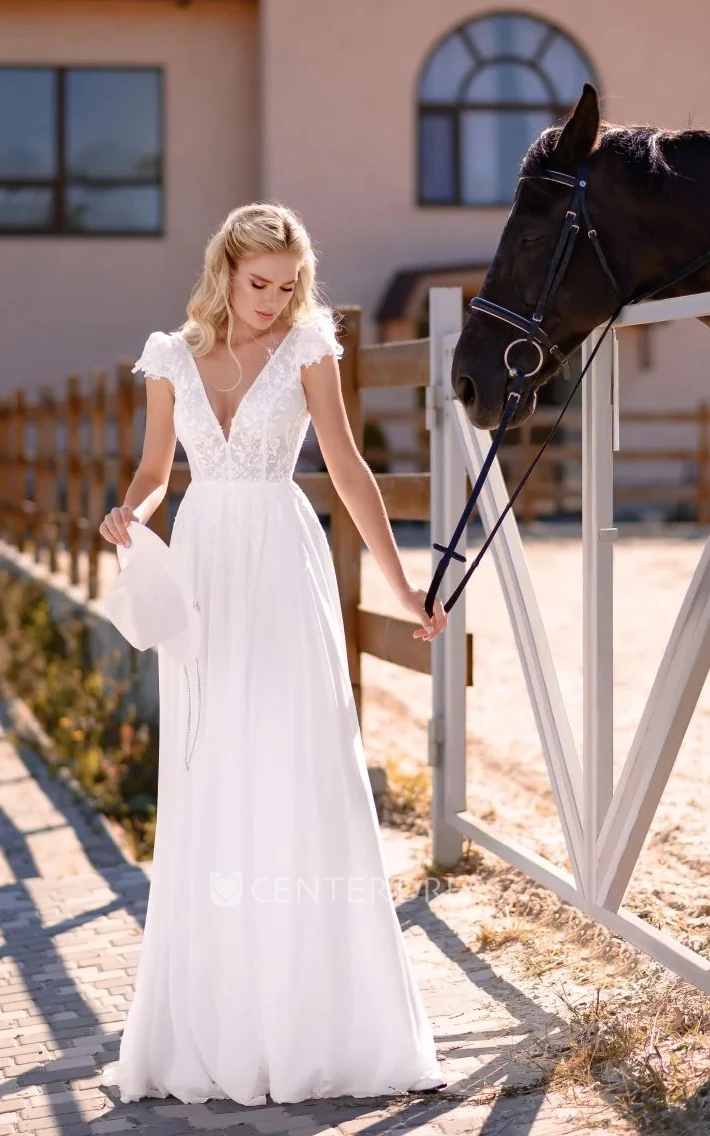 A-Line Chiffon Adorable Floor Length Sexy Front and Back Deep V Wedding Dress With Applique