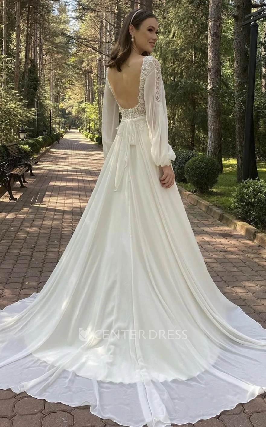 A Line Long Sleeve Chiffon Luxury Open Back Illusion Warm Wedding Dress with Ruching amd Sash