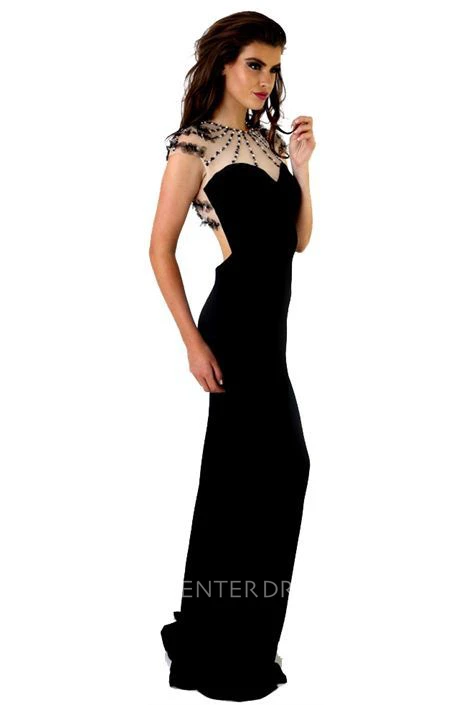 Sheath Cap-Sleeve Maxi Jewel Beaded Jersey Prom Dress With Keyhole Back And Flower