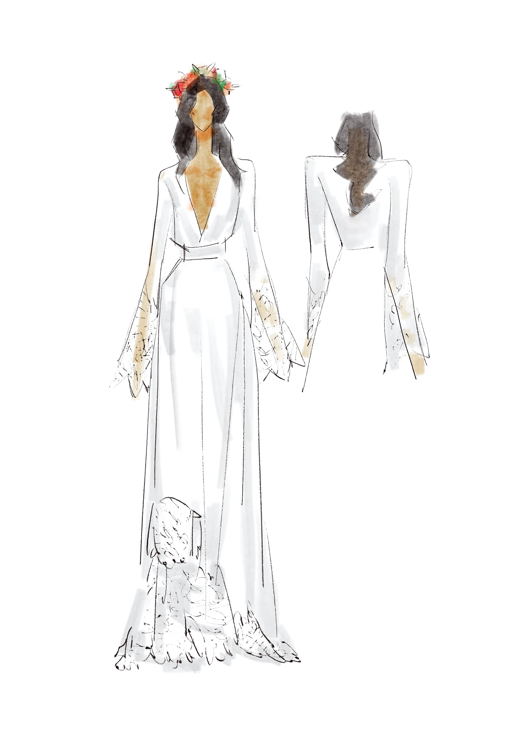 Simple Bohemian Long Sleeves Deep V Neck Hippie Beach Boho Wedding Gown