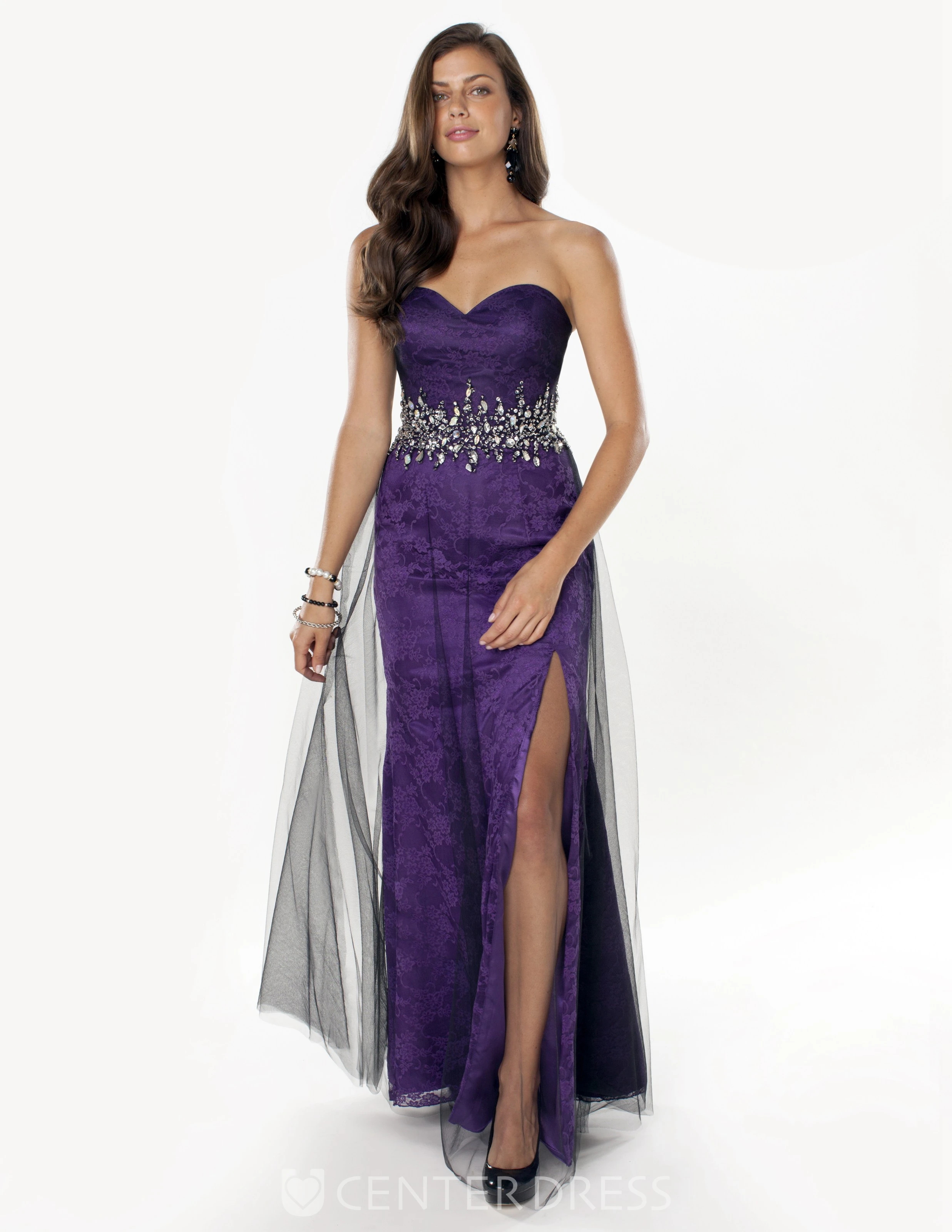 Sheath Sweetheart Sleeveless Lace Dress With Split Front And Waist Jewellery