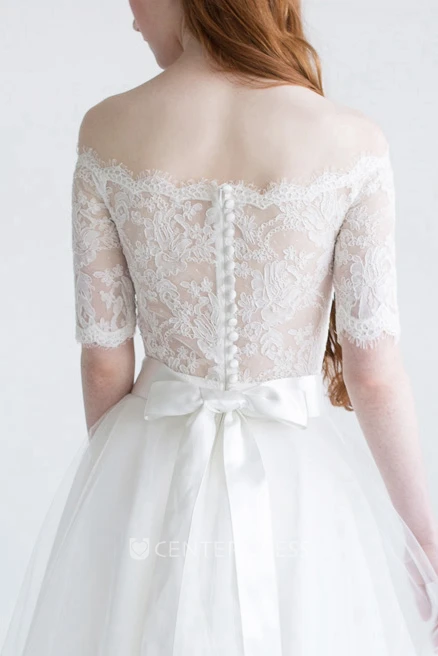 Ball Gown Floor-Length Appliqued Short-Sleeve Off-The-Shoulder Tulle&Satin Spring Wedding Dress With Bow