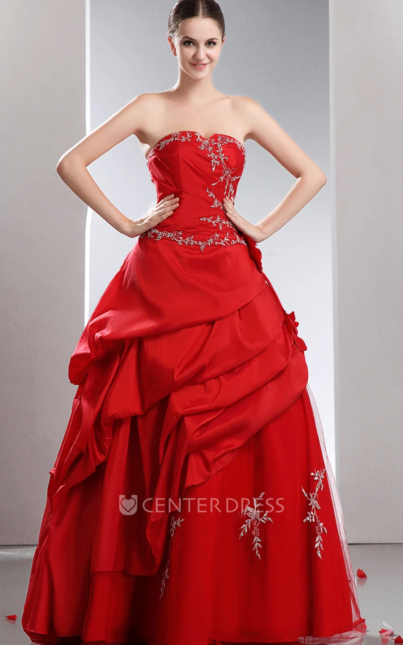 Strapless Layered Ball Gown Satin Prom Dress With Ruffles and Beading
