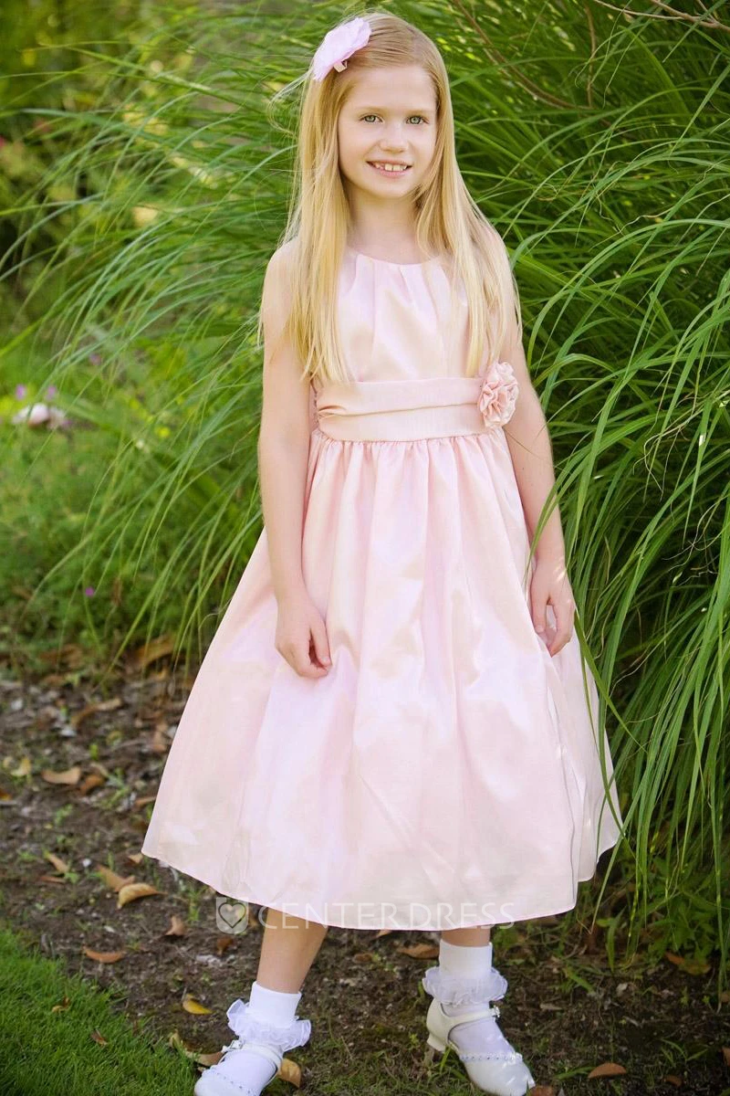 Tea-Length Pleated Taffeta Flower Girl Dress