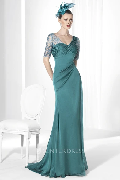 Sheath Floor-Length V-Neck Short-Sleeve Embroidered Jersey Prom Dress With Ruching